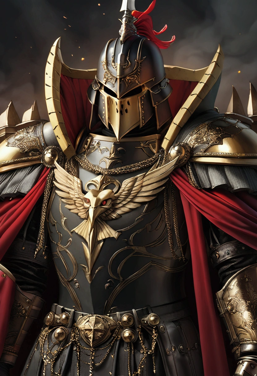 Lord of the rings wallpapers, not canon eos 5d mark iv style, gothic grader, close-up intensity, gray and gold, elaborate costumes,golden eagle insignia, filmed in 70mm --ar 16:9 --q 2 --s 1000, Sauron, Melkior, Lord of the Rings, black armor, knight, King, Imperator, grimdark