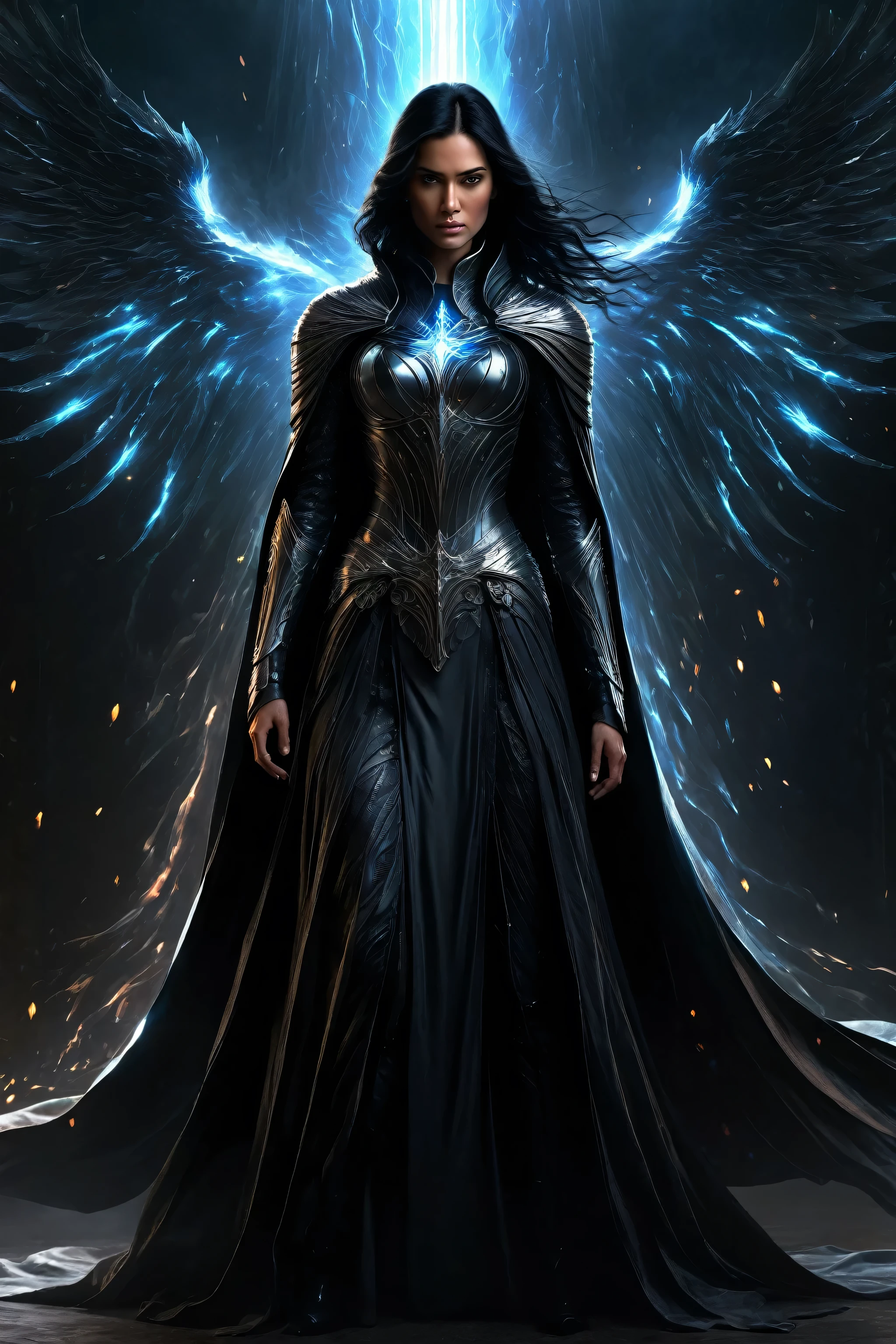 realistic, masterpiece, best quality, detailed,1girl, (black hair:1.2), standing posing, evil knight with a long flowing dark cape, angel of darkness ,fearsome and visually striking character with shifting tendrils, dark holographic glow, dim light, fantasy art, attention to details