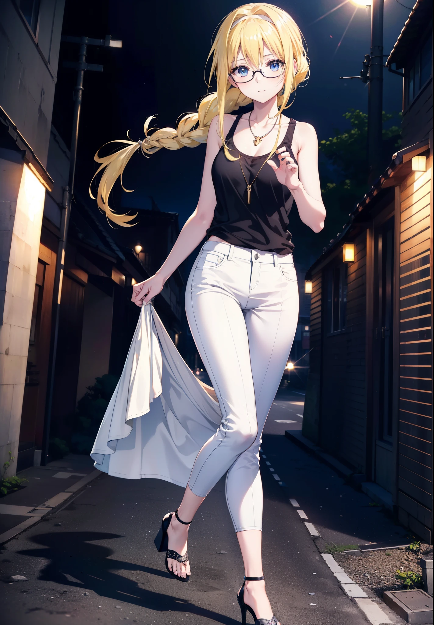 Alicesburg, Alice Zuberg, bangs, blue eyes, Blonde, Hair between the eyes, Very long hair, Braiding, hair band, white hair band,Black-rimmed glasses,Yellow Tank Top,Locket Necklace,skinny pants,Stiletto heels,Walking,morning,morning陽,The sun is rising,whole bodyがイラストに入るように,smile,blush,
break outside, Residential Street,
break looking at viewer, whole body,
break (masterpiece:1.2), Highest quality, High resolution, unity 8k wallpaper, (figure:0.8), (Beautiful attention to detail:1.6), Highly detailed face, Perfect lighting, Highly detailed CG, (Perfect hands, Perfect Anatomy),