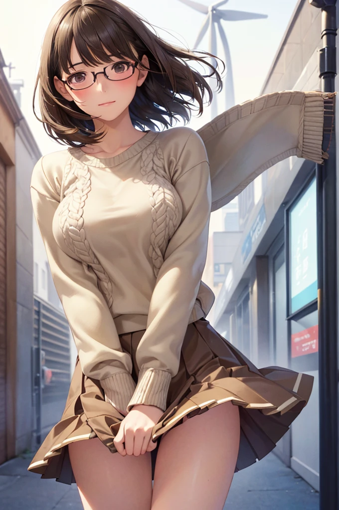 (masterpiece:1.2, Highest quality), (Realistic, photoRealistic:1.4), Beautiful illustrations, (Natural Side Lighting, Cinema Lighting), , 
(View your viewers), 1 girl, Japanese, high school girl, Perfect Face, Cute and symmetrical face, Glowing Skin, , 
(anegasaki nene、Shiny brown hair, short hair, (Beautiful brown eyes)、smile、Sparkling eyes, (Fine grain)、Ultra-detailed eyes、Highly detailed face, Highly detailed eyes,Cowboy Shot)、
Beautiful Hair, Beautiful Face, Beautiful attention to detail, Beautiful clavicle, Beautiful body, Beautiful breasts, Beautiful thighs, Beautiful feet, 
((Symmetrical clothing, Detailed cloth texture, Beige sweater, Pleated skirt)), Red-rimmed glasses, 
(Beautiful views), Daytime, street, (Look forward), (Annoyed expression, Blushing, Embarrassed expression), (((Pulling on skirt, Wind power increase))), 