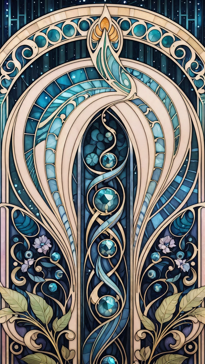 ((Art Nouveau Style)); ((blue gems)); green ferns, small orange streaks; symmetrical with thick lines, Fibonacci, golden ratio, 3D metal structure tessellation, neural graphic, neurons, color, love, passion, incredibly detailed, 8k, masterpiece, artstation, surreal