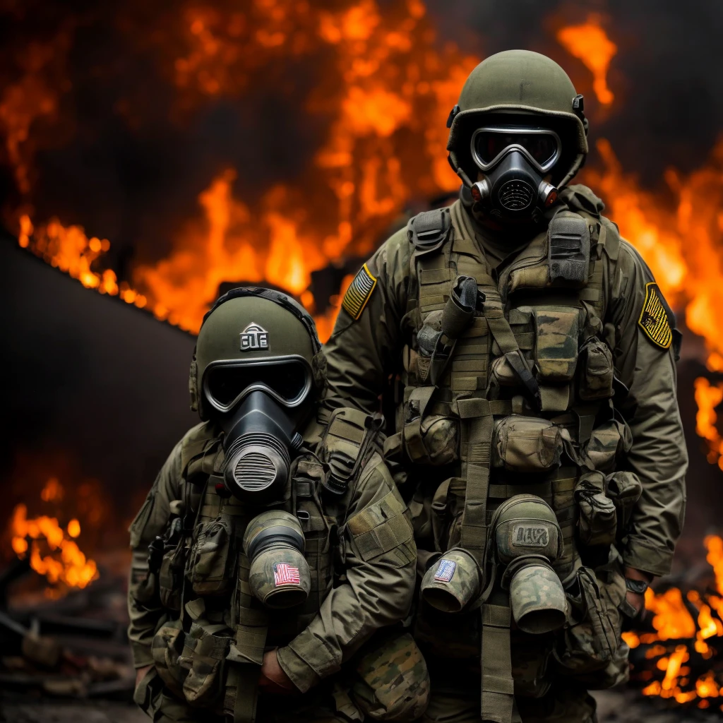 An american soldier wearing a gas mask, hell on background, scary, nightmarish, fire hell on the back.