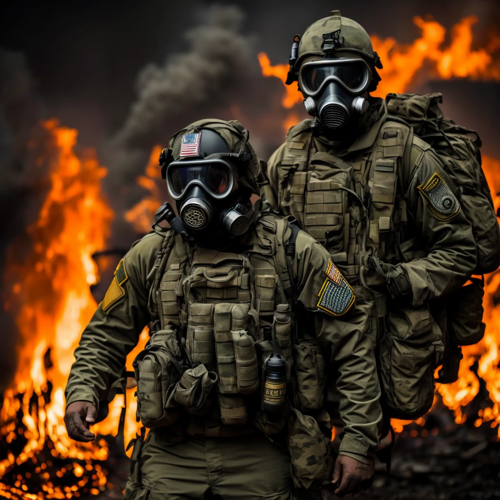 An american soldier wearing a gas mask, hell on background, scary, nightmarish, fire hell on the back.