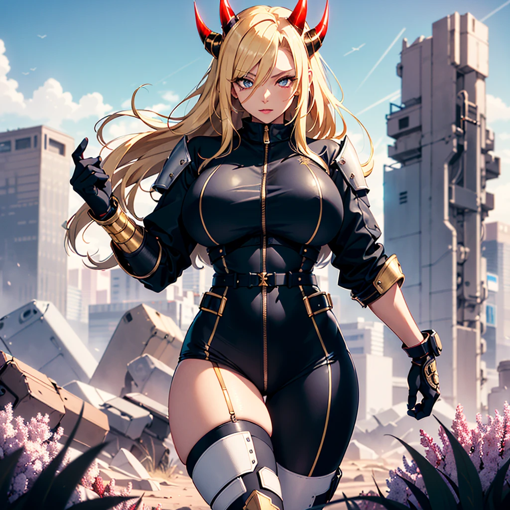 ((best quality)), ((masterpiece)), (detailed), 1girl, 8k_wallpaper, extremely detailed eyes, extremely detailed body, beautiful face, perfect face, detailed ((blonde hair)), (gold eyes), ((large big red and blue horns)), {{dark skin}}, ({dark skinned female}), gigantic breasts, thick thighs, strong arm and leg muscles, strong abdominal muscles, Monster women, Korean women, wearing a modern short black cloth jacket with rolled up sleeves, (wearing heavy gold colored steel cyberpunk armor), a wide red leather belt with blue steel yarn, steel boots, steel thigh guards, a military radio hangs on her belt, a biker girl, she rides on another planet along a lilac field against the backdrop of a blue desert and high red mountains,