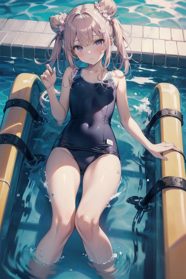 masterpiece, Highest quality, Ultra-high resolution, Highest Resolution, Very detailed, アニメ, whole body, thin, very cute,、Complete limbs、Shining Eyes、Full Finger、Slender beauty、Bun Hair、Embarrassed look、Writhing expression、Pink、Wear a school swimsuit、Glowing Skin、Knee-length、pool