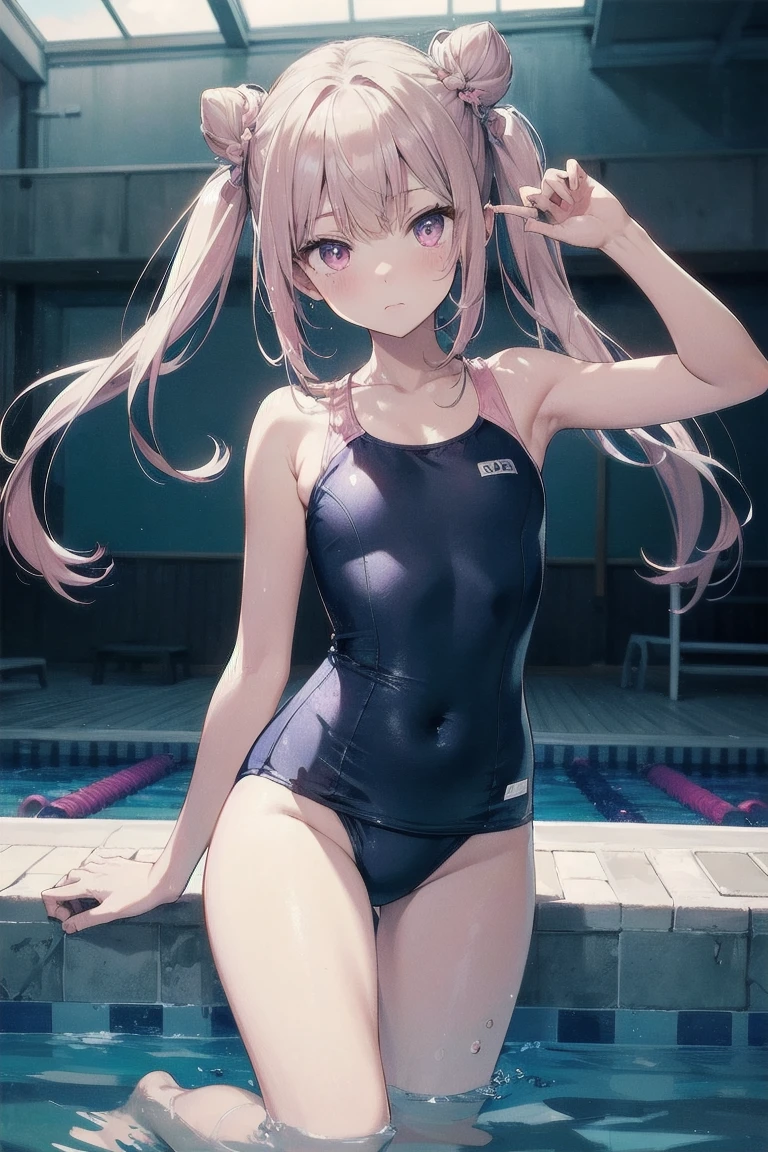 masterpiece, Highest quality, Ultra-high resolution, Highest Resolution, Very detailed, アニメ, whole body, thin, very cute,、Complete limbs、Shining Eyes、Full Finger、Slender beauty、Bun Hair、Embarrassed look、Writhing expression、Pink、Wear a school swimsuit、Glowing Skin、Knee-length、pool