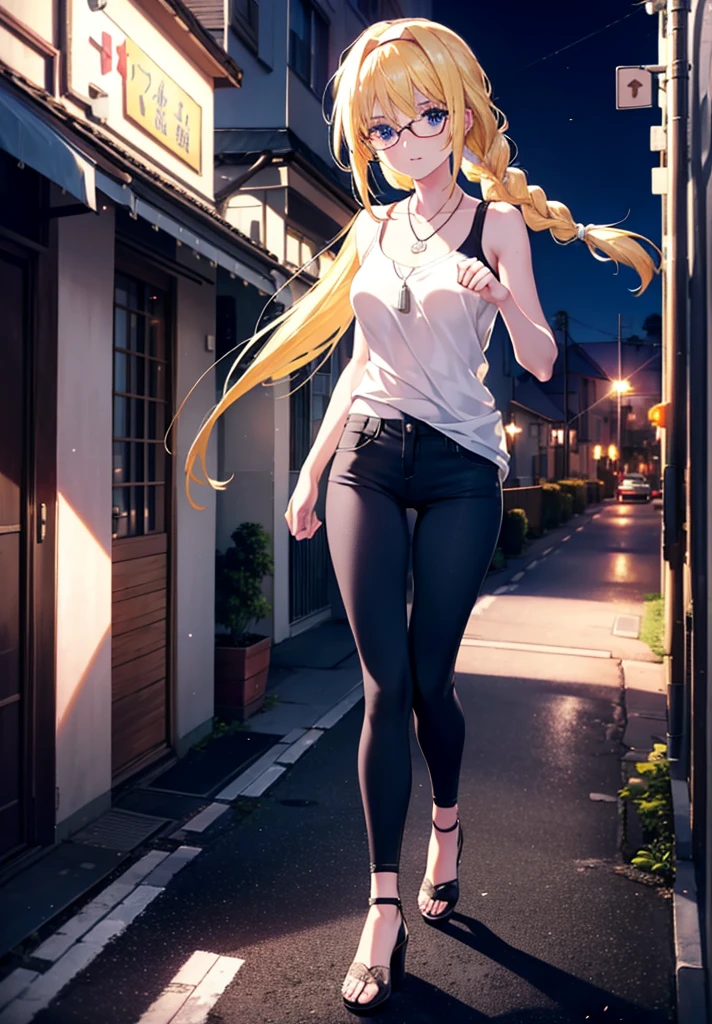 Alicesburg, Alice Zuberg, bangs, blue eyes, Blonde, Hair between the eyes, Very long hair, Braiding, hair band, white hair band,Black-rimmed glasses,Yellow Tank Top,Locket Necklace,skinny pants,Stiletto heels,Walking,morning,morning陽,The sun is rising,whole bodyがイラストに入るように,smile,blush,
break outside, Residential Street,
break looking at viewer, whole body,
break (masterpiece:1.2), Highest quality, High resolution, unity 8k wallpaper, (figure:0.8), (Beautiful attention to detail:1.6), Highly detailed face, Perfect lighting, Highly detailed CG, (Perfect hands, Perfect Anatomy),