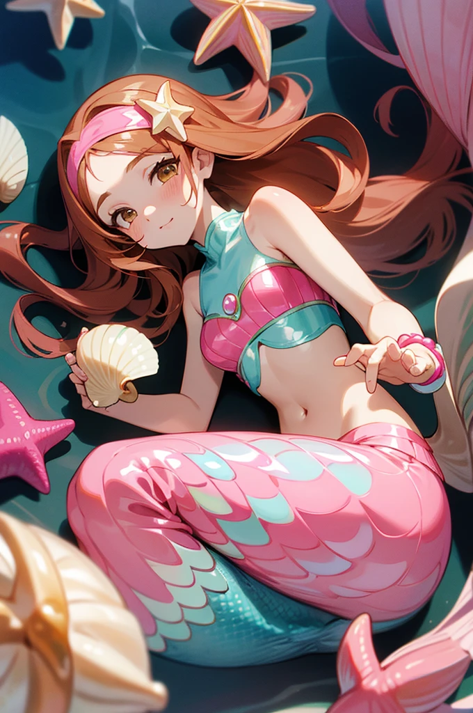 Mermaid, mermaid with pink fish tail, long caramel hair, caramel hair, brown eyes, wears a pink top with seashells, wears seashell accessories, pearl beads decorating waist, wears a pink headband with seashells and starfish, caramel hair, light brown hair