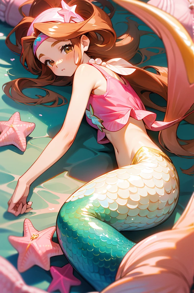 Mermaid, mermaid with pink fish tail, long caramel hair, caramel hair, brown eyes, wears a pink top with seashells, wears seashell accessories, pearl beads decorating waist, wears a pink headband with seashells and starfish, caramel hair, light brown hair 