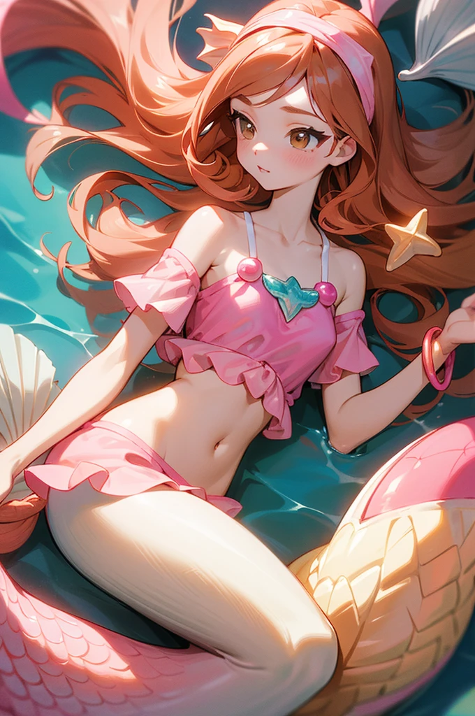 Mermaid, mermaid with pink fish tail, long caramel hair, caramel hair, brown eyes, wears a pink top with seashells, wears seashell accessories, pearl beads decorating waist, wears a pink headband with seashells and starfish, caramel hair, light brown hair 