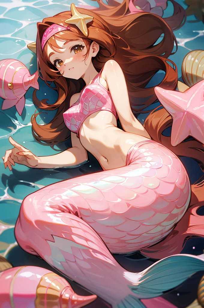 Mermaid, mermaid with pink fish tail, long caramel hair, caramel hair, brown eyes, wears a pink top with seashells, wears seashell accessories, pearl beads decorating waist, wears a pink headband with seashells and starfish, caramel hair, light brown hair 