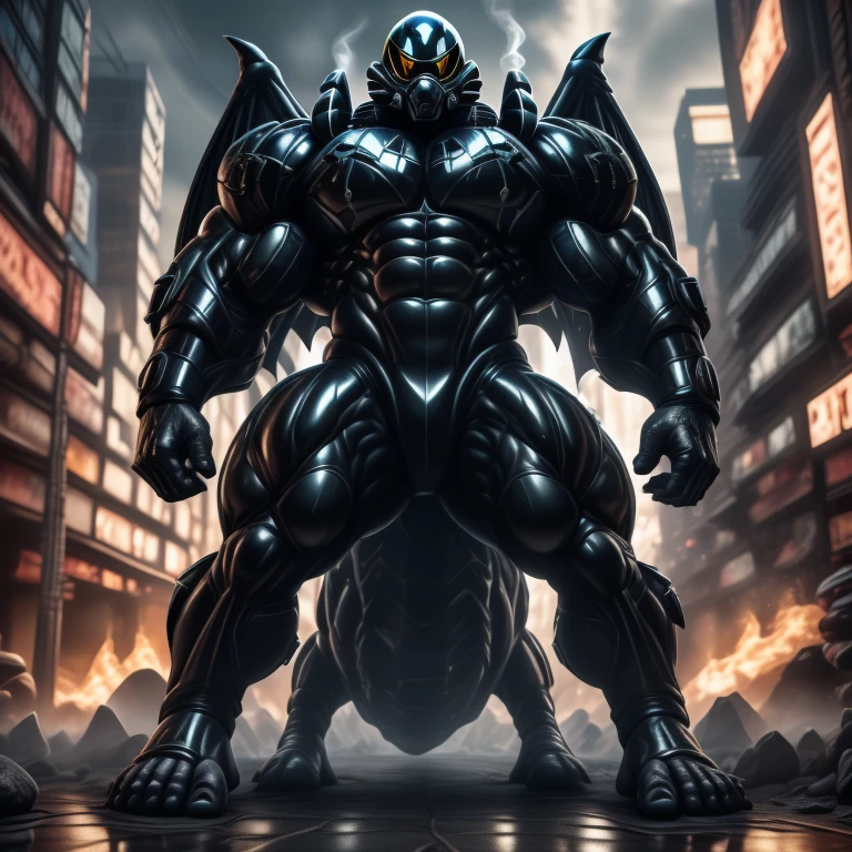 (masterpiece. official art. 8k. best quality. detailed full body. full body.)
(situation 1 : dominating mega lucario. focus GIANT mechanical Muscular mega lucario is trampling the CITY. macro. stomp. Low-angle perspective. emphasizing the immense size. The perspective is from below, emphasizing the sheer majesty and power of the Giant. giant art. He is much bigger than a skyscraper. Giga Giants. micro soccer field. looking down.)

(situation 2 :smoke and flames rising from the destruction in the city)

(Additional details 1: wearing a full-face helmet. helmet is jet black. The color of NANOSUIT is jet black. high-tech bio-mecha armor. real texture material. whole body shines like metal. Wearing cyberpunk mecha. emphasizes the muscles. suit fully made of metal. intricate armor. Robotic suit. suit fully made of metal. no face.). (mega lucario has 5 toes.) Wearing a Full Face Toxic Gas Mask. no blue.
An arrogant expression.
smile at the corner of your mouth.

(Additional details 2: (Detailed head. Detailed Body. Detailed abs. gigantic muscles. HYPER MUSCLES. Gigachad Muscular. big muscle. pecs. triceps. traps. unusually developed muscular body. body full of huge muscles. showing off muscles. pectorales enormes. Exaggeratedly huge muscles. huge muscles. long legs.).

(Additional details 3: nj5furry, Spread wings. It has wings. black have big wings. The claws are sharp. Sharp teeth.5 toes.).  Wearing a Full Face Toxic Gas Mask. 