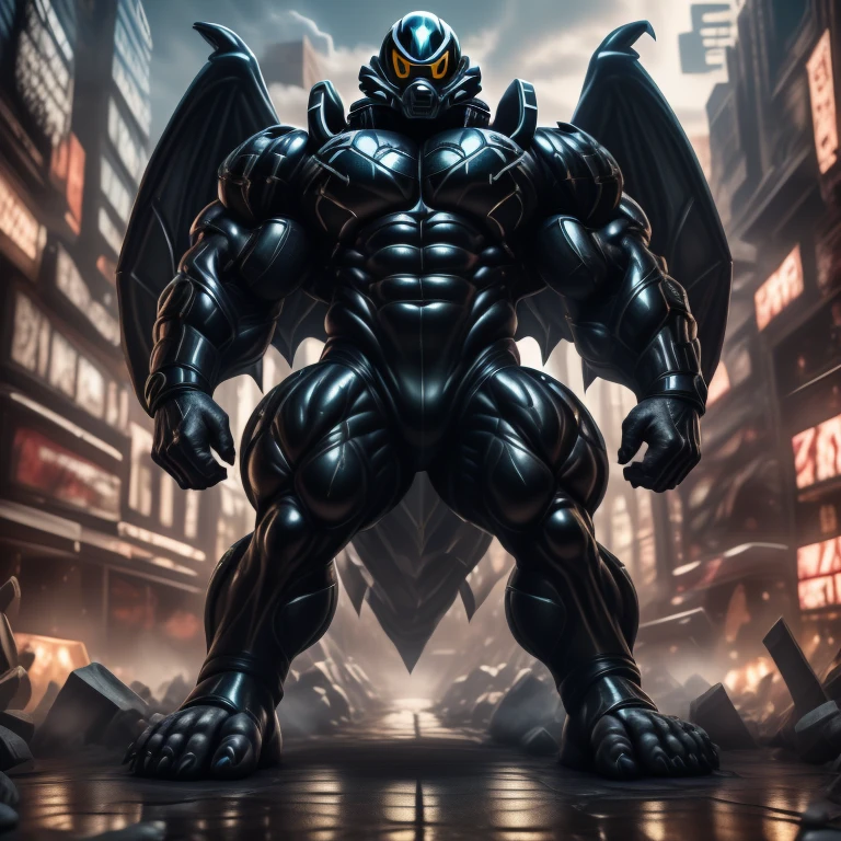 (masterpiece. official art. 8k. best quality. detailed full body. full body.)
(situation 1 : dominating mega lucario. focus GIANT mechanical Muscular mega lucario is trampling the CITY. macro. stomp. Low-angle perspective. emphasizing the immense size. The perspective is from below, emphasizing the sheer majesty and power of the Giant. giant art. He is much bigger than a skyscraper. Giga Giants. micro soccer field. looking down.)

(situation 2 :smoke and flames rising from the destruction in the city)

(Additional details 1: wearing a full-face helmet. helmet is jet black. The color of NANOSUIT is jet black. high-tech bio-mecha armor. real texture material. whole body shines like metal. Wearing cyberpunk mecha. emphasizes the muscles. suit fully made of metal. intricate armor. Robotic suit. suit fully made of metal. no face.). (mega lucario has 5 toes.) Wearing a Full Face Toxic Gas Mask. no blue.
An arrogant expression.
smile at the corner of your mouth.

(Additional details 2: (Detailed head. Detailed Body. Detailed abs. gigantic muscles. HYPER MUSCLES. Gigachad Muscular. big muscle. pecs. triceps. traps. unusually developed muscular body. body full of huge muscles. showing off muscles. pectorales enormes. Exaggeratedly huge muscles. huge muscles. long legs.).

(Additional details 3: nj5furry, Spread wings. It has wings. black have big wings. The claws are sharp. Sharp teeth.5 toes.).  Wearing a Full Face Toxic Gas Mask. 