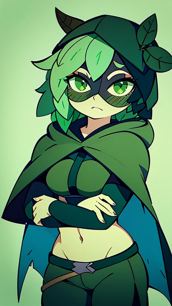 green hair, green sclera, green eyes, colored skin, green skin, domino mask, cape, hood black jacket, brown pants leaf, crossed arms, blushing