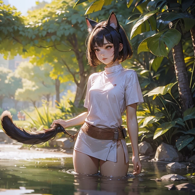 ((picture-perfect)), ((face perfect)), ((ultra detaild)), ((fully body)), ((perfectbody)), best qualityer, details Intricate, cat girl body, Cat's ears, cat tail, feline eyes, shorth hair, wearing native clothes, sexy clothes, tail sample girl cat playing in a stream, imagem de fully body