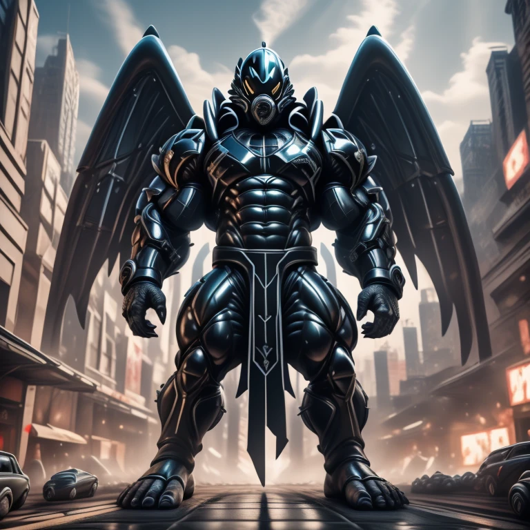 (masterpiece. official art. 8k. best quality. detailed full body. full body.)
(situation 1 : dominating mega lucario. focus GIANT mechanical Muscular mega lucario is trampling the CITY. macro. stomp. Low-angle perspective. emphasizing the immense size. The perspective is from below, emphasizing the sheer majesty and power of the Giant. giant art. He is much bigger than a skyscraper. Giga Giants. micro soccer field. looking down.)

(situation 2 :smoke and flames rising from the destruction in the city)

(Additional details 1: wearing a full-face helmet. helmet is jet black. The color of NANOSUIT is jet black. high-tech bio-mecha armor. real texture material. whole body shines like metal. Wearing cyberpunk mecha. emphasizes the muscles. suit fully made of metal. intricate armor. Robotic suit. suit fully made of metal. no face.). (mega lucario has 5 toes.) Wearing a Full Face Toxic Gas Mask. no blue.
An arrogant expression.
smile at the corner of your mouth.

(Additional details 2: (Detailed head. Detailed Body. Detailed abs. gigantic muscles. HYPER MUSCLES. Gigachad Muscular. big muscle. pecs. triceps. traps. unusually developed muscular body. body full of huge muscles. showing off muscles. pectorales enormes. Exaggeratedly huge muscles. huge muscles. long legs.).

(Additional details 3: nj5furry, Spread wings. It has wings. black have big wings. The claws are sharp. Sharp teeth.5 toes.).  Wearing a Full Face Toxic Gas Mask. 