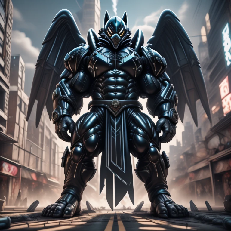 (masterpiece. official art. 8k. best quality. detailed full body. full body.)
(situation 1 : dominating mega lucario. focus GIANT mechanical Muscular mega lucario is trampling the CITY. macro. stomp. Low-angle perspective. emphasizing the immense size. The perspective is from below, emphasizing the sheer majesty and power of the Giant. giant art. He is much bigger than a skyscraper. Giga Giants. micro soccer field. looking down.)

(situation 2 :smoke and flames rising from the destruction in the city)

(Additional details 1: wearing a full-face helmet. helmet is jet black. The color of NANOSUIT is jet black. high-tech bio-mecha armor. real texture material. whole body shines like metal. Wearing cyberpunk mecha. emphasizes the muscles. suit fully made of metal. intricate armor. Robotic suit. suit fully made of metal. no face.). (mega lucario has 5 toes.) Wearing a Full Face Toxic Gas Mask. no blue.
An arrogant expression.
smile at the corner of your mouth.

(Additional details 2: (Detailed head. Detailed Body. Detailed abs. gigantic muscles. HYPER MUSCLES. Gigachad Muscular. big muscle. pecs. triceps. traps. unusually developed muscular body. body full of huge muscles. showing off muscles. pectorales enormes. Exaggeratedly huge muscles. huge muscles. long legs.).

(Additional details 3: nj5furry, Spread wings. It has wings. black have big wings. The claws are sharp. Sharp teeth.5 toes.).  Wearing a Full Face Toxic Gas Mask. 