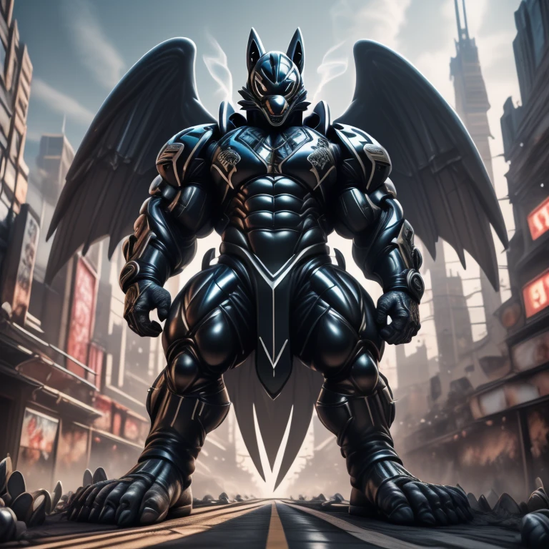 (masterpiece. official art. 8k. best quality. detailed full body. full body.)
(situation 1 : dominating mega lucario. focus GIANT mechanical Muscular mega lucario is trampling the CITY. macro. stomp. Low-angle perspective. emphasizing the immense size. The perspective is from below, emphasizing the sheer majesty and power of the Giant. giant art. He is much bigger than a skyscraper. Giga Giants. micro soccer field. looking down.)

(situation 2 :smoke and flames rising from the destruction in the city)

(Additional details 1: wearing a full-face helmet. helmet is jet black. The color of NANOSUIT is jet black. high-tech bio-mecha armor. real texture material. whole body shines like metal. Wearing cyberpunk mecha. emphasizes the muscles. suit fully made of metal. intricate armor. Robotic suit. suit fully made of metal. no face.). (mega lucario has 5 toes.) Wearing a Full Face Toxic Gas Mask. no blue.
An arrogant expression.
smile at the corner of your mouth.

(Additional details 2: (Detailed head. Detailed Body. Detailed abs. gigantic muscles. HYPER MUSCLES. Gigachad Muscular. big muscle. pecs. triceps. traps. unusually developed muscular body. body full of huge muscles. showing off muscles. pectorales enormes. Exaggeratedly huge muscles. huge muscles. long legs.).

(Additional details 3: nj5furry, Spread wings. It has wings. black have big wings. The claws are sharp. Sharp teeth.5 toes.).  Wearing a Full Face Toxic Gas Mask. 