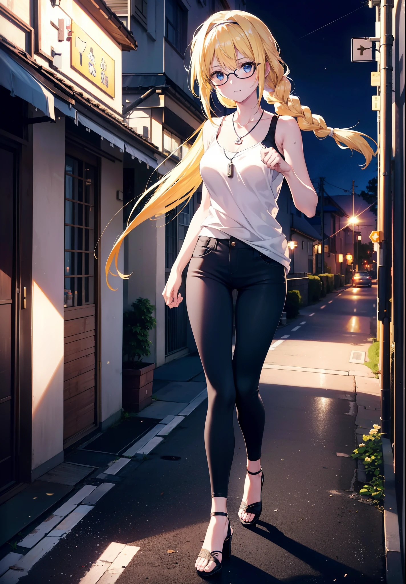 Alicesburg, Alice Zuberg, bangs, blue eyes, Blonde, Hair between the eyes, Very long hair, Braiding, hair band, white hair band,Black-rimmed glasses,Yellow Tank Top,Locket Necklace,skinny pants,Stiletto heels,Walking,morning,morning陽,The sun is rising,whole bodyがイラストに入るように,smile,blush,
break outside, Residential Street,
break looking at viewer, whole body,
break (masterpiece:1.2), Highest quality, High resolution, unity 8k wallpaper, (figure:0.8), (Beautiful attention to detail:1.6), Highly detailed face, Perfect lighting, Highly detailed CG, (Perfect hands, Perfect Anatomy),