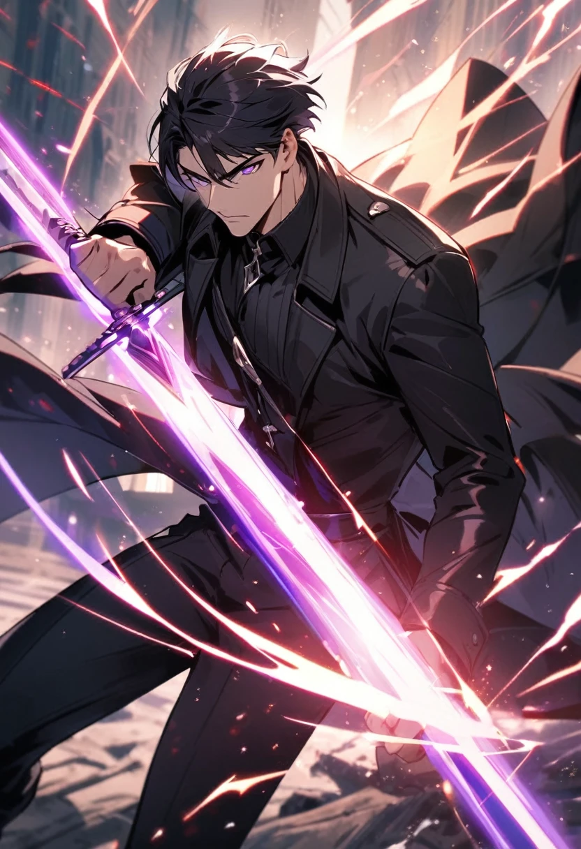 handsome, alone, 1 man, short hair, black hair, purple eyes, black shirt, black coat, Lots of power,fight with sword