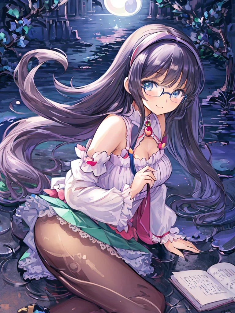 ((masterpiece)), ((best quality)), (ultra-detailed), ((kawaii)), cute, (lovely), illustration, anime style, 1girl, cute girl, solo, (from side:1.3), (midnight:1.4), (moonlight:1.5), (beautiful eyes), beautiful black hair, (long hair), (horseshoe-shaped hairband), slim, slender, glasses, medium breast, seductive smile.