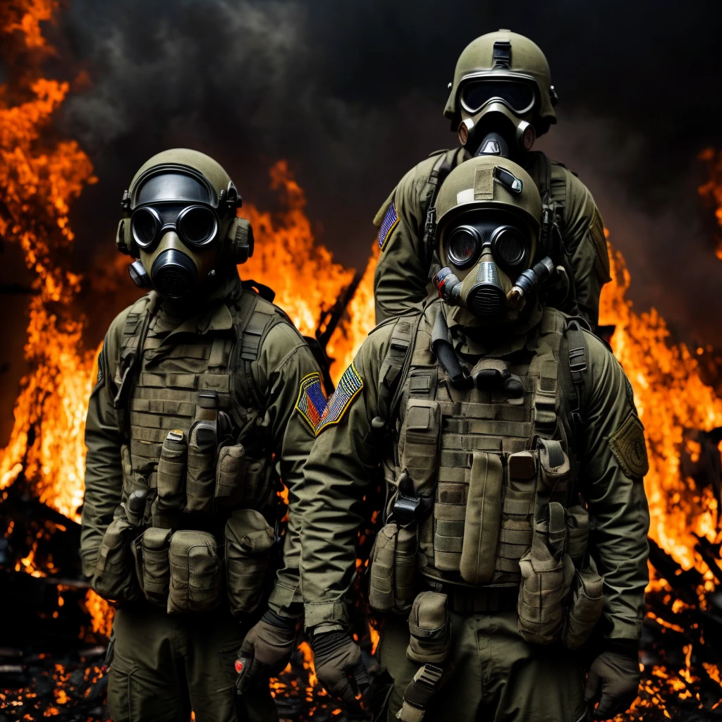 An american soldier wearing a gas mask, hell on background, scary, nightmarish, fire hell on the back.