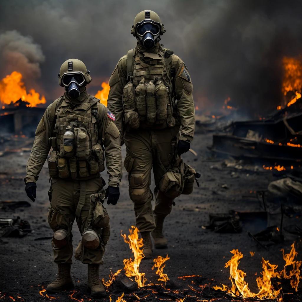 post-apocalypse, vagabunda, mulher, Gas mask, survival gear, smooth lighting, explosion at a distance, seios grandes