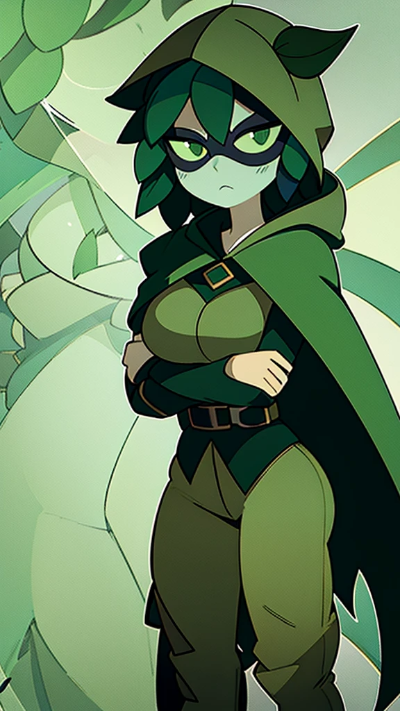 green hair, green sclera, green eyes, colored skin, green skin, domino mask, cape, hood black jacket, brown pants leaf, crossed arms, blushing