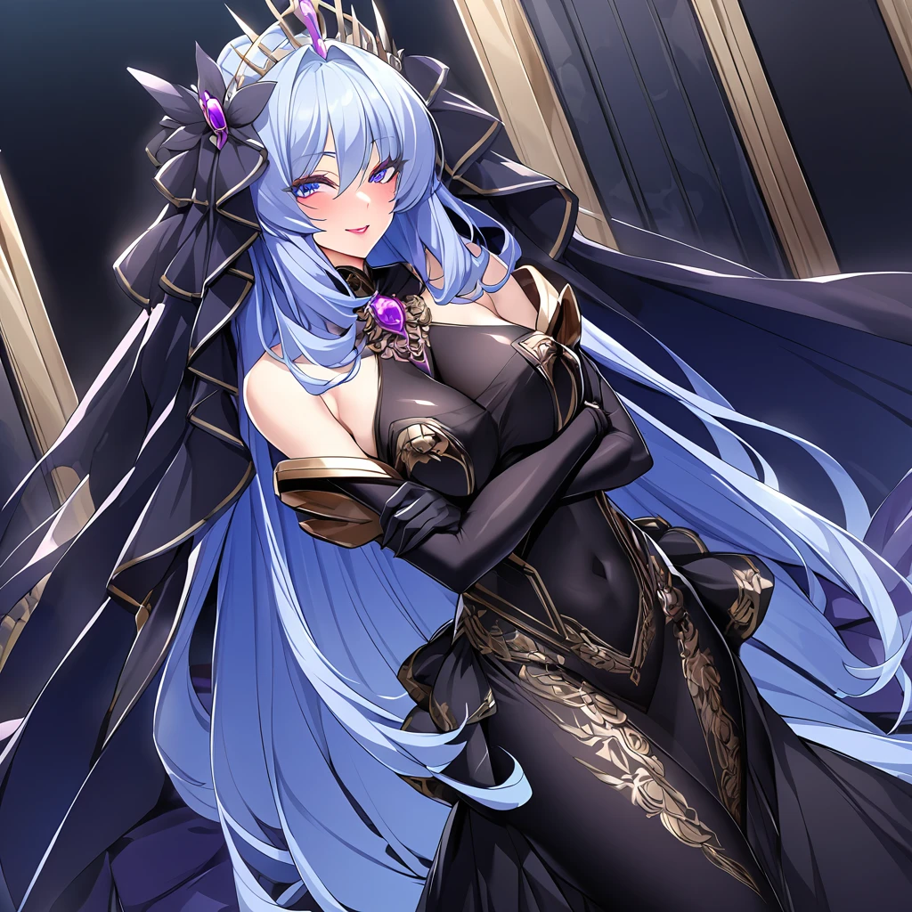 ((Highest quality)), ((masterpiece)), (detailed), （Perfect Face）、The woman is the evil queen, Extia, with medium-long blue hair, wearing a gorgeous black wedding dress with gold embroidery and trim, a black wedding veil, an engagement ring, luxurious accessories, lipstick and makeup, and is an elegant and beautiful evil queen who is hugging and kissing a man with a big, happy smile on her face.、、The man is the evil king, Naioro, a strong, handsome man with medium-long silver hair, wearing a luxurious black ???????? with gold embroidery and trim, and embracing a woman.、The woman is happily getting married in a posh church belonging to an evil organization.