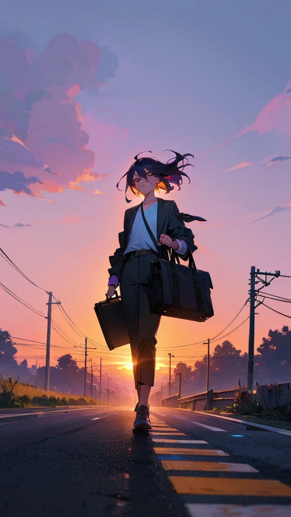 Create an image of a character standing in the middle of a road during sunset. The setting is serene with a vibrant sky painted in hues of purple, orange, and yellow, suggesting the time is either dawn or dusk. Power lines run alongside the road, adding to the semi-urban landscape. The character appears youthful and is dressed in a , holding what seems to be a briefcase in one hand and looking slightly towards the viewer with an expression that is calm and composed. The lighting should cast soft