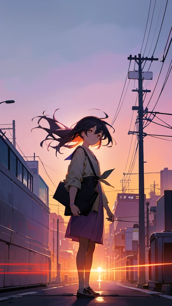 Create an image of a character standing in the middle of a road during sunset. The setting is serene with a vibrant sky painted in hues of purple, orange, and yellow, suggesting the time is either dawn or dusk. Power lines run alongside the road, adding to the semi-urban landscape. The character appears youthful and is dressed in a , holding what seems to be a briefcase in one hand and looking slightly towards the viewer with an expression that is calm and composed. The lighting should cast soft