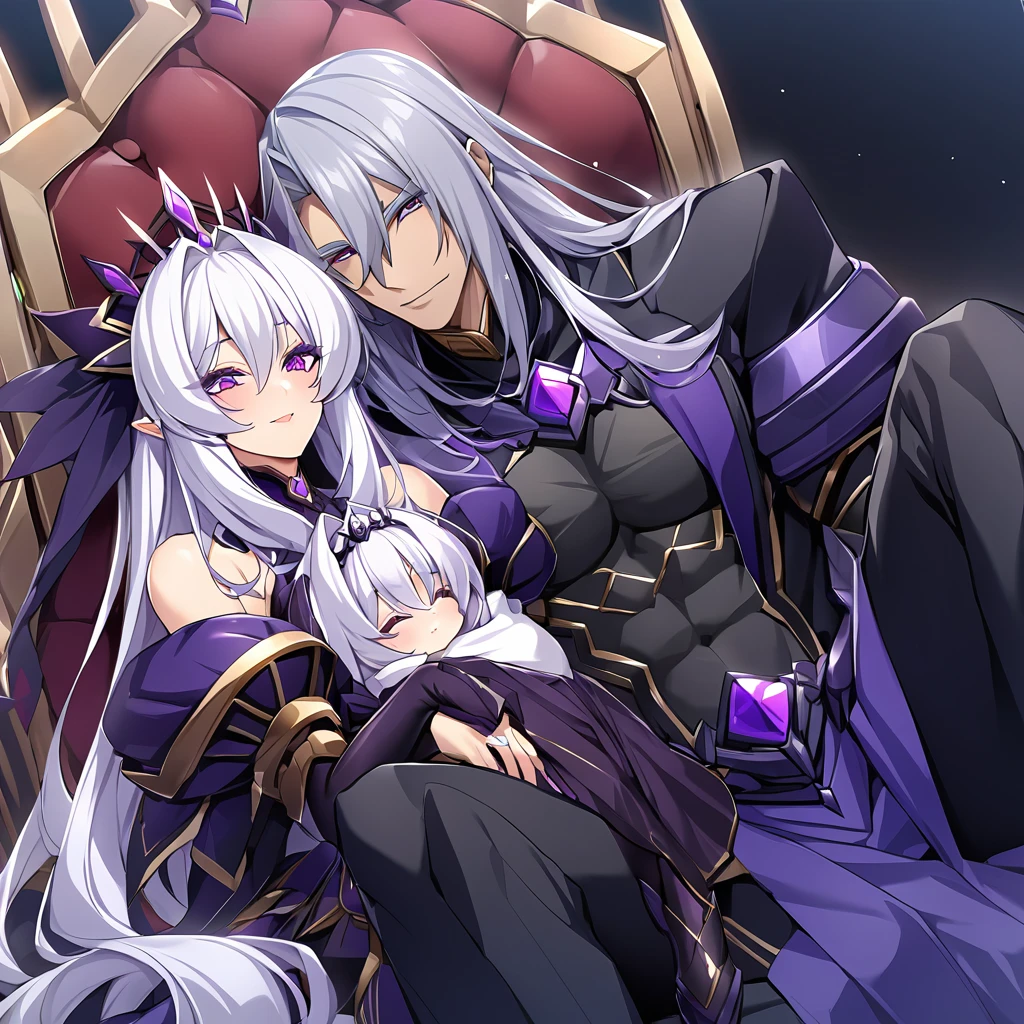 ((Highest quality)), ((masterpiece)), (detailed), （Perfect Face）、The woman is the evil queen Dark Extia, holding a baby, an evil transforming heroine, with medium-long silver hair, wearing a gorgeous evil queen dress with gold embroidery and trim, gorgeous accessories, an engagement ring, and a happy expression as she snuggles up to the man.、The man is the evil king, Naioro, a handsome man with medium-long silver hair, wearing a black bodysuit and embracing a woman.、A man and a woman are sitting close together on a luxurious throne、A man and a woman are a deeply loving couple