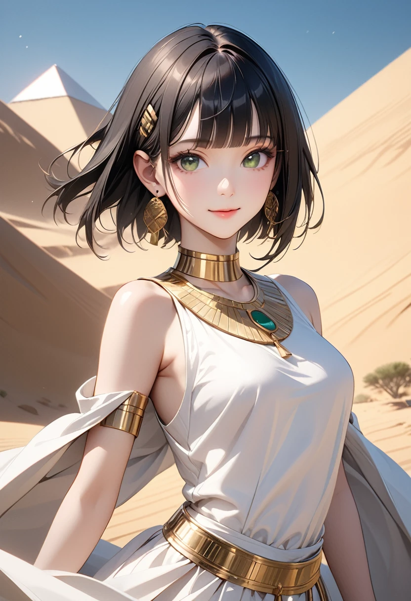 Old Egyptian AI, Cleopatra, Greek, Egyptian Queen, (Traditional Egyptian Wigs), (Beautiful and exquisite face and eyes:1.2), ai-generated, Green Eyes, Black Hair, (I slicked my hair back.), Bobcut, White skin, Detailed skin, Medium chest, Egyptian white sleeveless dress, (Egyptian clothing made with an abundance of gold and jewels), Egyptian Dress Up, Gorgeous skirts, Gorgeous gold gemstone necklace, Earrings, Gold accessories for the whole body, One girl, alone, 最high quality, (masterpiece:1.2), high quality, High resolution, (Super detailed), (Portraiture), Realistic, 4K, Ultra HD, Highly detailed and exquisite, High resolution, High resolution, Highly detailed CG, 2 bits.8 Lenses, Detailed Background, Detailed landscape, (Dynamic pose:1.2), sexy, oasis, Cinema Lighting, smile, One Pyramid, desert, dutch angle, sexy,Shiny costumes, erect nipples, sexy pose, skindentation,