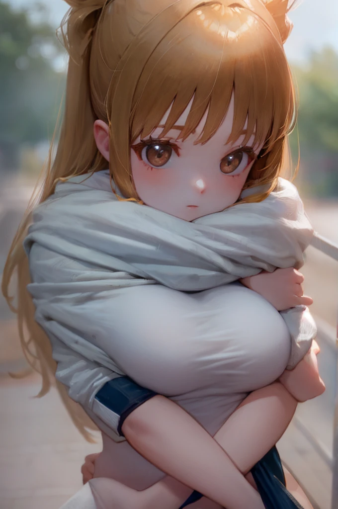 Mayoi hugging cute girl with long caramel hair and brown eyes