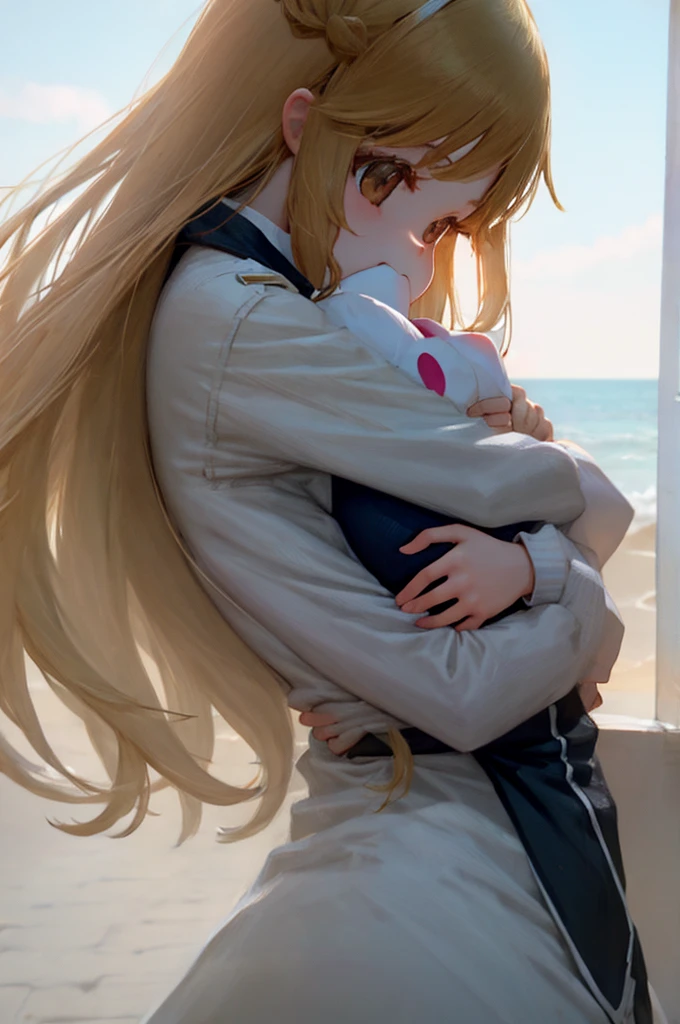 Mayoi hugging cute girl with long caramel hair and brown eyes