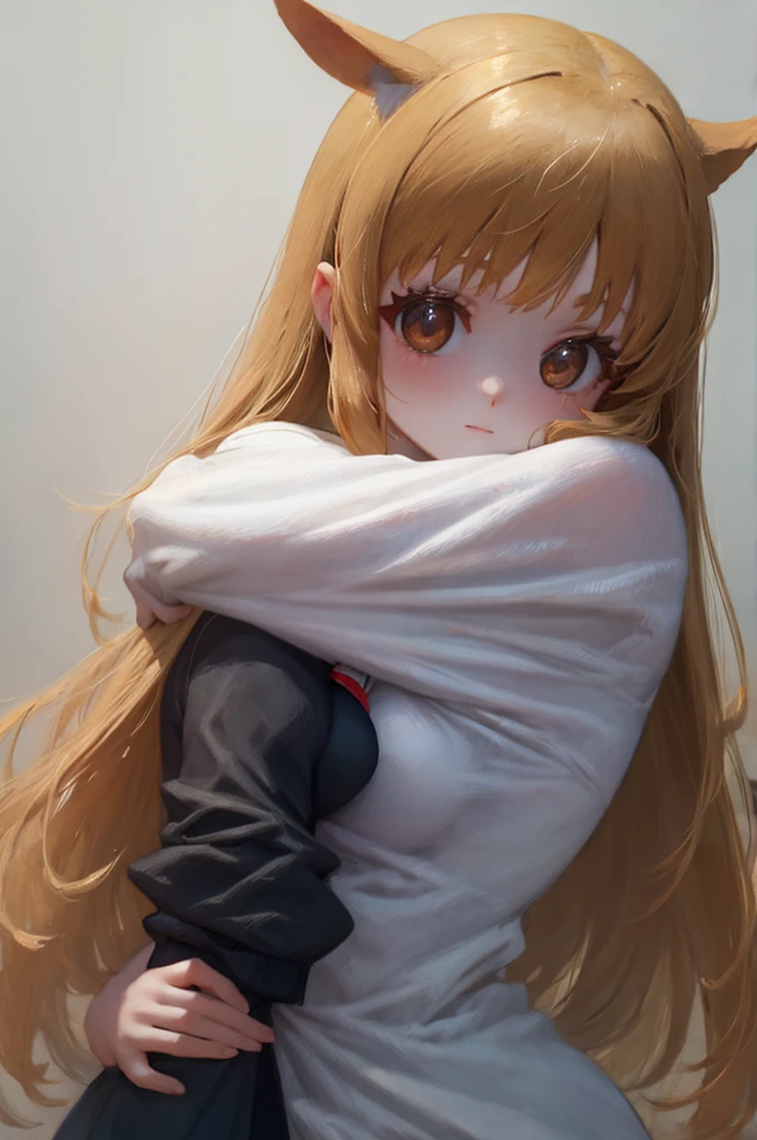 Mayoi hugging cute girl with long caramel hair and brown eyes