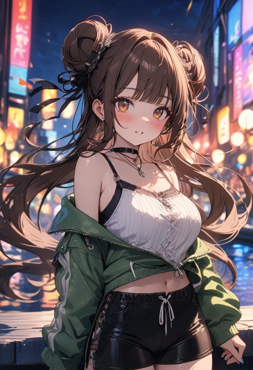 (masterpiece), best quality, very aesthetic, newest, absurdres, detailed, high quality
BREAK
highest quality, top quality, details, highres, ultra fine painting, digital art, official art, cinematic, 4k, 8k resolution, 8K CG wallpaper, CG, original artwork, detailed background, colorful background, blue atmosphere, High Dynamic Range, blurry background, blue hour, Starburst effects, crepuscular rays, good ISO, high resolution, wide shot, from far away, RAW photo, POV, sharp focus, light reflection, reflections, intricate details, soft light, particle noise, professional photography, bokeh, depth of field, natural lighting, vibrant colors, looking away, detailed lights and shadows, stylish, ultra-detailed, top rated on Pixiv, trending on Artstation, niji style, modern-days, master crafted, pose
BREAK
solo, (close up), 1girl, pale skin, correct fingers, detailed hand, (big breasts:1.2), big thighs, small torso, short body, flushtered, blush, anxious expression, embarassed, embarassed act, casual, slim, ((cute, childlike face):1.3), nice body, nice hips, brown hair, (very long flowing hair, 2 buns hairstyle), long bangs, long hair, middle hair bangs, brown eyes
BREAK
((black strap type tank top), black string sweatshorts, off shoulders open green hoodie, choker, casualwear, modest)
BREAK
City background