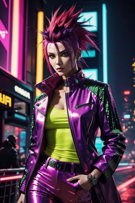 Cyberpunk, Woman, open purple sequin coat, red clothing, cyberpunk mercenary, red silk shirt, neon green Mohawk hair, neon party lights in background, bright yellow pants