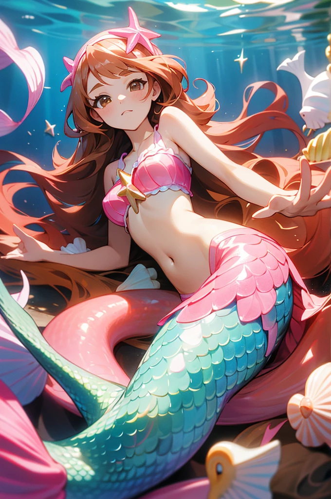 Mermaid, mermaid with pink fish tail, long caramel hair, caramel hair, brown eyes, wears a pink top with seashells, wears seashell accessories, pearl beads decorating waist, wears a pink headband with seashells and starfish, caramel hair, light brown hair 