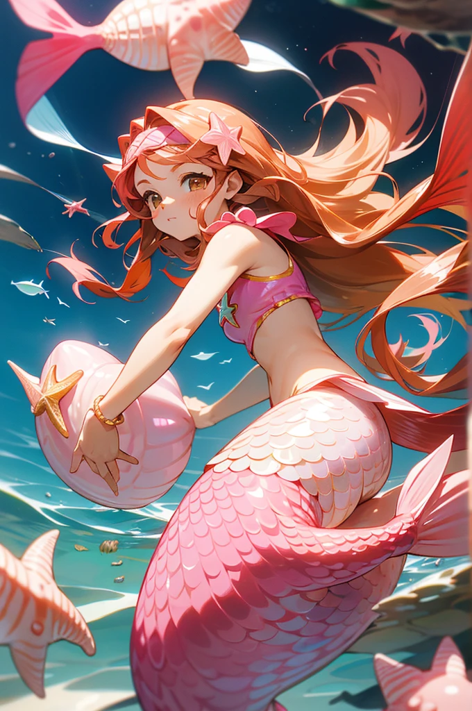 Mermaid, mermaid with pink fish tail, long caramel hair, caramel hair, brown eyes, wears a pink top with seashells, wears seashell accessories, pearl beads decorating waist, wears a pink headband with seashells and starfish, caramel hair, light brown hair