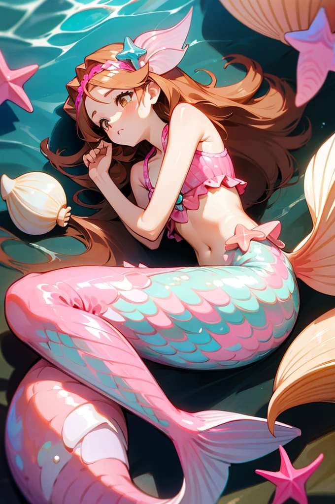 Mermaid, mermaid with pink fish tail, long caramel hair, caramel hair, brown eyes, wears a pink top with seashells, wears seashell accessories, pearl beads decorating waist, wears a pink headband with seashells and starfish, caramel hair, light brown hair