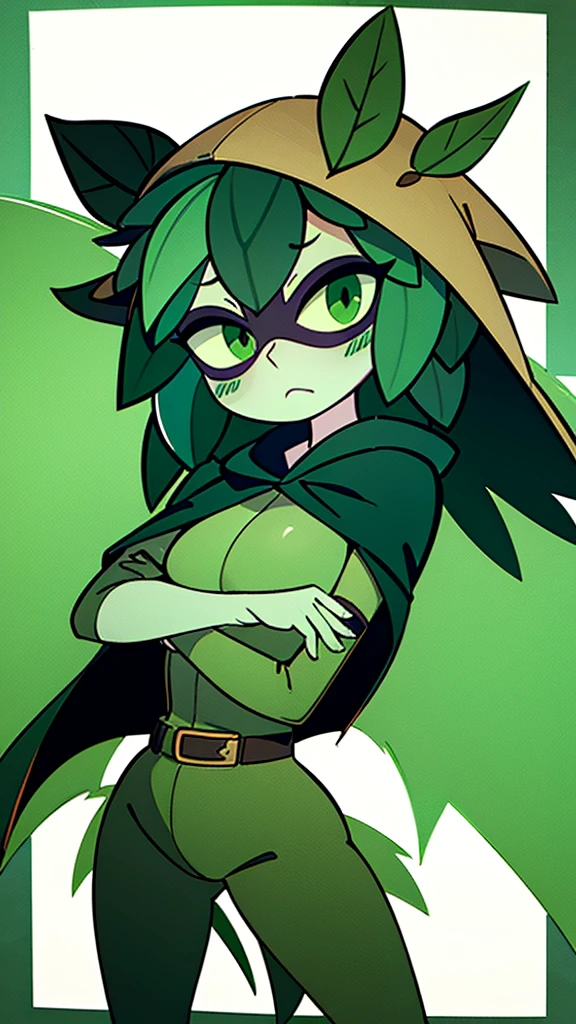 green hair, green sclera, green eyes, colored skin, green skin, domino mask, cape, hood black jacket, brown pants leaf, crossed arms, blushing, chibi