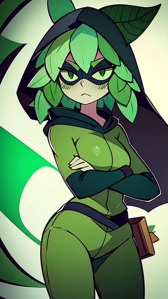 green hair, green sclera, green eyes, colored skin, green skin, domino mask, cape, hood black jacket, brown pants leaf, crossed arms, blushing, chibi