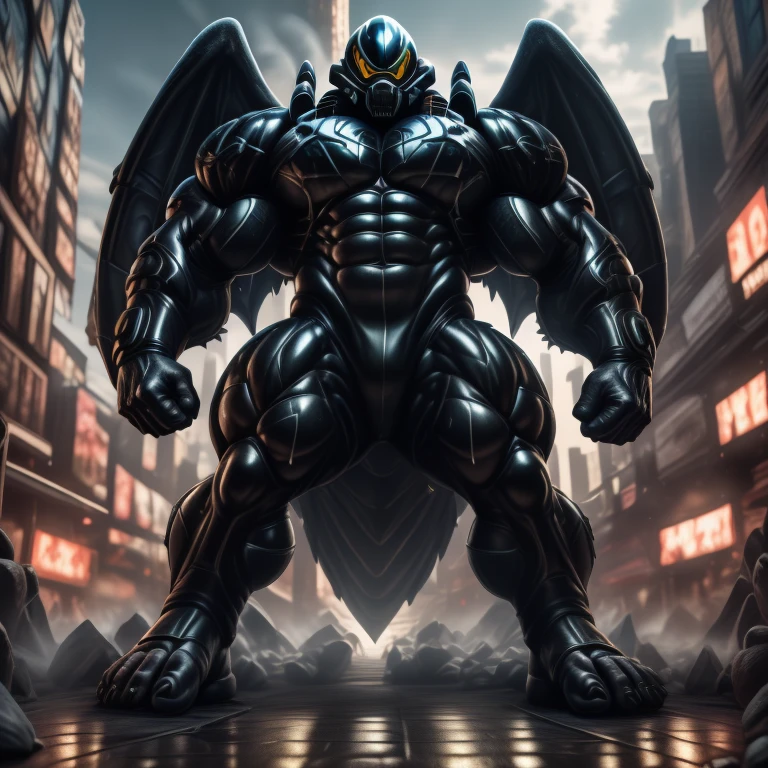 (masterpiece. official art. 8k. best quality. detailed full body. full body.)
(situation 1 : dominating mega lucario. focus GIANT mechanical Muscular mega lucario is trampling the CITY. macro. stomp. Low-angle perspective. emphasizing the immense size. The perspective is from below, emphasizing the sheer majesty and power of the Giant. giant art. He is much bigger than a skyscraper. Giga Giants. micro soccer field. looking down.)

(situation 2 :smoke and flames rising from the destruction in the city)

(Additional details 1: wearing a full-face helmet. helmet is jet black. The color of NANOSUIT is jet black. high-tech bio-mecha armor. real texture material. whole body shines like metal. Wearing cyberpunk mecha. emphasizes the muscles. suit fully made of metal. intricate armor. Robotic suit. suit fully made of metal. no face.). (mega lucario has 5 toes.) Wearing a Full Face Toxic Gas Mask. no blue.
An arrogant expression.
smile at the corner of your mouth.

(Additional details 2: (Detailed head. Detailed Body. Detailed abs. gigantic muscles. HYPER MUSCLES. Gigachad Muscular. big muscle. pecs. triceps. traps. unusually developed muscular body. body full of huge muscles. showing off muscles. pectorales enormes. Exaggeratedly huge muscles. huge muscles. long legs.).

(Additional details 3: nj5furry, Spread wings. It has wings. black have big wings. The claws are sharp. Sharp teeth.5 toes.).  Wearing a Full Face Toxic Gas Mask. 