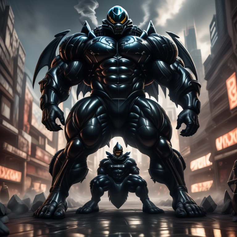 (masterpiece. official art. 8k. best quality. detailed full body. full body.)
(situation 1 : dominating mega lucario. focus GIANT mechanical Muscular mega lucario is trampling the CITY. macro. stomp. Low-angle perspective. emphasizing the immense size. The perspective is from below, emphasizing the sheer majesty and power of the Giant. giant art. He is much bigger than a skyscraper. Giga Giants. micro soccer field. looking down.)

(situation 2 :smoke and flames rising from the destruction in the city)

(Additional details 1: wearing a full-face helmet. helmet is jet black. The color of NANOSUIT is jet black. high-tech bio-mecha armor. real texture material. whole body shines like metal. Wearing cyberpunk mecha. emphasizes the muscles. suit fully made of metal. intricate armor. Robotic suit. suit fully made of metal. no face.). (mega lucario has 5 toes.) Wearing a Full Face Toxic Gas Mask. no blue.
An arrogant expression.
smile at the corner of your mouth.

(Additional details 2: (Detailed head. Detailed Body. Detailed abs. gigantic muscles. HYPER MUSCLES. Gigachad Muscular. big muscle. pecs. triceps. traps. unusually developed muscular body. body full of huge muscles. showing off muscles. pectorales enormes. Exaggeratedly huge muscles. huge muscles. long legs.).

(Additional details 3: nj5furry, Spread wings. It has wings. black have big wings. The claws are sharp. Sharp teeth.5 toes.).  Wearing a Full Face Toxic Gas Mask. 