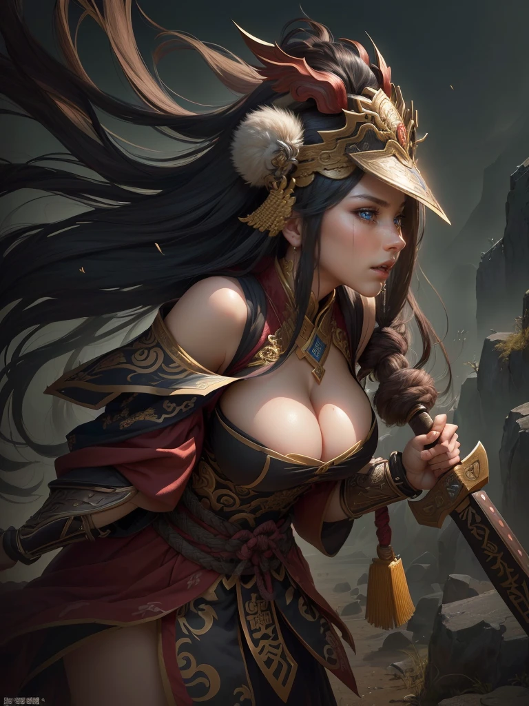 a woman with a large axe and a feathered head, inspired by Hu Zaobin, berserker potrait, guan yu, bian lian, sun wukong, mongol, inspired by Huang Shen, inspired by Li Gonglin, tai warlord, inspired by Wu Bin, wukong, inspired by Li Kan, naranbaatar ganbold, Highly detailed CG unit 8k wallpaper, masterpiece, High resolution, highest quality, highest quality real texture skin, Super Real, Digital Painting, Best image quality, 最High resolution, 8k, ((Highly detailed eyes and face, Beautiful eyes every detail)), 1girl, Full Body Shot, Saggy breasts, Gravity-dependent breasts, long chest, Heavy chest, disproportionate breasts, huge breasts, sagging breasts, gigantic breasts, erect nipple, Cleavage cut out, Look away, Gazing into the distance, ((open your mouth wide, stick out tongue, ahegao)), (evil smile, madness, 遠くをにらむ, 遠くを見つめる. profile),