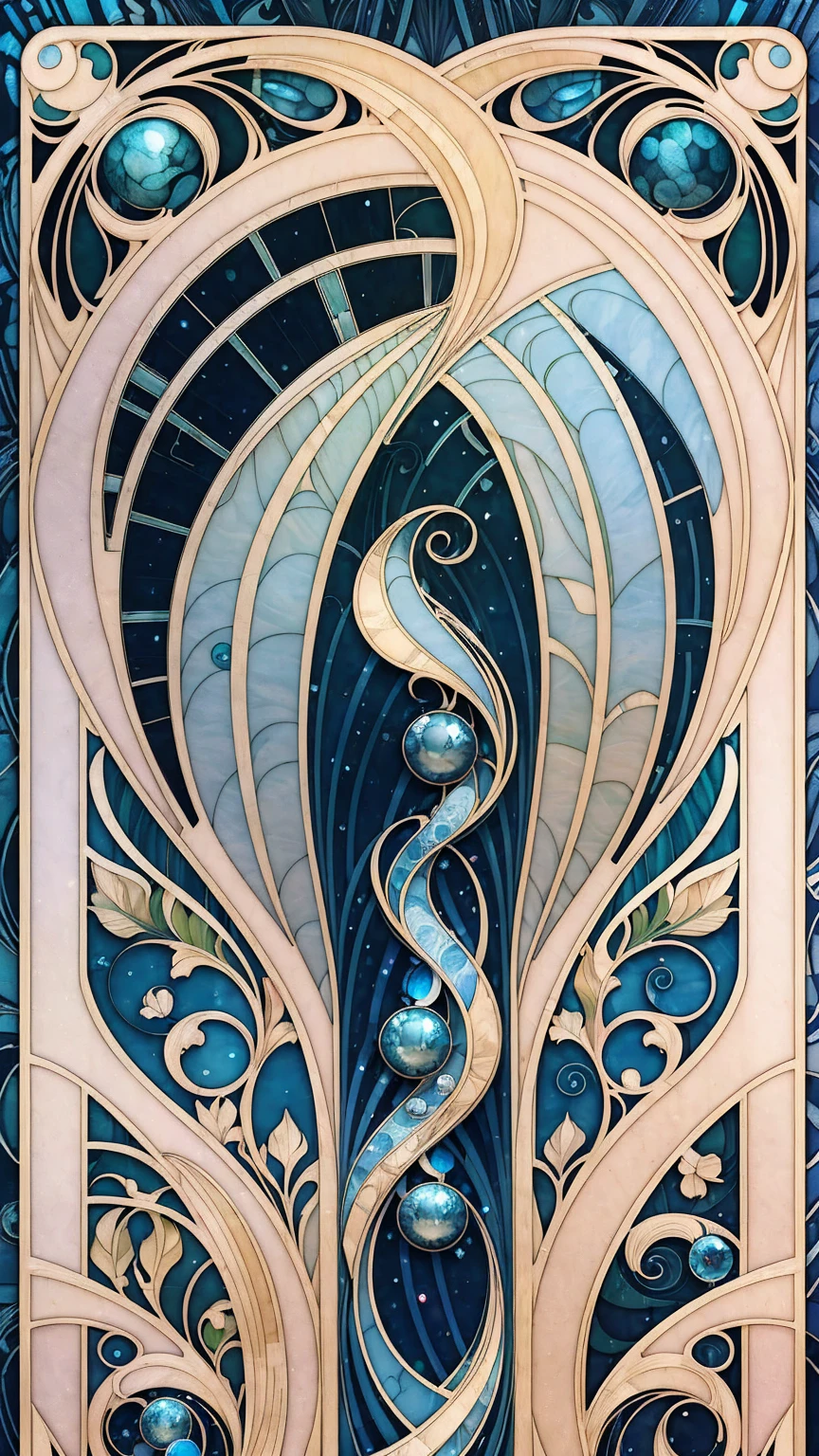 ((Art Nouveau Style)); ((blue gems)); green ferns, small orange streaks; symmetrical with thick lines, Fibonacci, golden ratio, 3D metal structure tessellation, neural graphic, neurons, color, love, passion, incredibly detailed, 8k, masterpiece, artstation, surreal