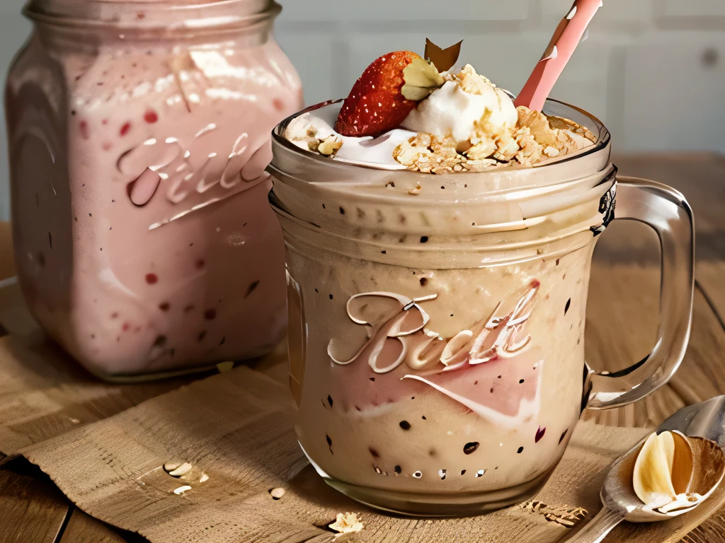 Create a photo of an Oatmeal Smoothie, Strawberries and Yogurt  .that the smoothie is in a shop-type glass and that in the photo it is also presented as an oatmeal presentation, a jar of yogurt,  and a jar of honey..