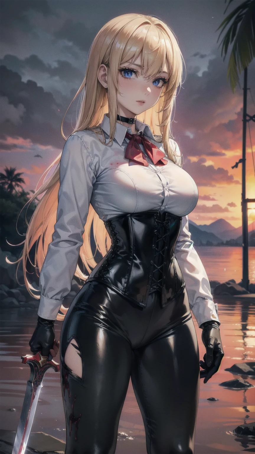 ((blood droplets)), ((blood)), ((blood splatter)), ((blood on clothes)) ((blood stain)), Masterpiece, Superior image quality, high resolution, 4k image,photo and gross, photorealistic, whole body, Torn clothes, 1 young blonde of years, fighting pose, {{{vagina}}}, big breasts, beautiful face, Long blonde hair, blue eyes, very detailed eyes, pink cheeks, serious expression, choker:1.6, (white collar button down long sleeve shirt), black gloves, gloves that cover hands, (wields a sword in his right hand), (black leather corset), (shiny black leggings), Sensual Lips, show details in the eyes, View from the front, looking at the viewer, standing on the shore of a lagoon, gloomy lagoon, Atmosphere, crimson sky