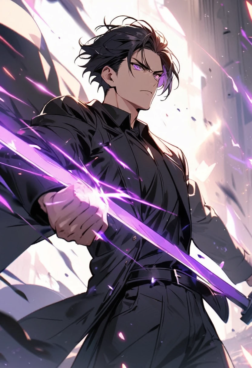 handsome, alone, 1 man, short hair, black hair, purple eyes, black shirt, black coat, Lots of power,fight with sword